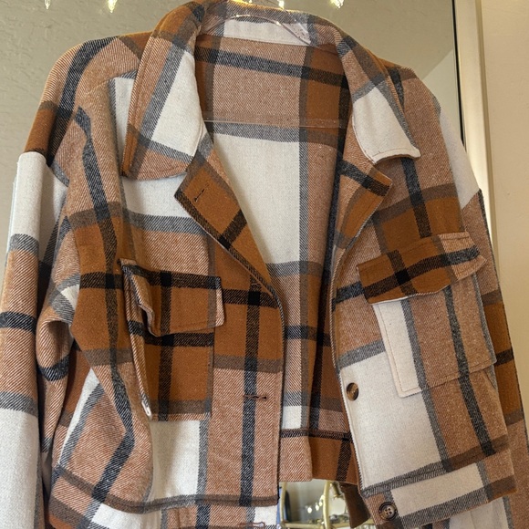 Plaid Brown and White Women's Jacket - Picture 3 of 4